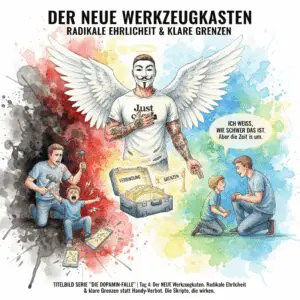 "Der NEUE Werkzeugkasten". Die NeelixberliN-Figur präsentiert Eltern goldene Werkzeuge (Verbindung, Grenzen) als Alternative zu Bestrafung im Kampf gegen digitale Sucht.