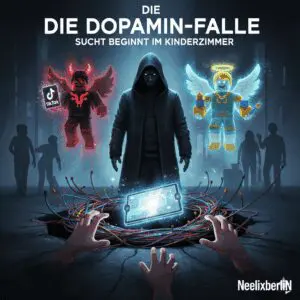 "Die Dopamin-Falle": Eine NeelixberliN-Figur, umgeben von einem Roblox-Engel und einem Roblox-Teufel, blickt auf einen digitalen Strudel, in dem Kinderhände nach einem Smartphone greifen. Eltern-Silhouetten im Hintergrund.