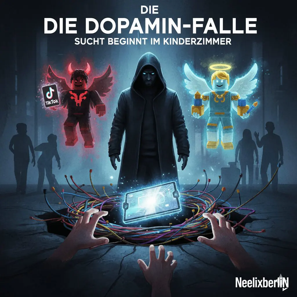 "Die Dopamin-Falle": Eine NeelixberliN-Figur, umgeben von einem Roblox-Engel und einem Roblox-Teufel, blickt auf einen digitalen Strudel, in dem Kinderhände nach einem Smartphone greifen. Eltern-Silhouetten im Hintergrund.