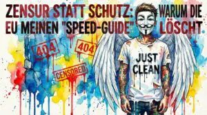 Expressives Aquarell: NeelixberliN mit Maske, Engelsflügeln und 'Just Clean' Shirt kämpft gegen eine zerlaufende Wand aus EU-Zensur-Stempeln.