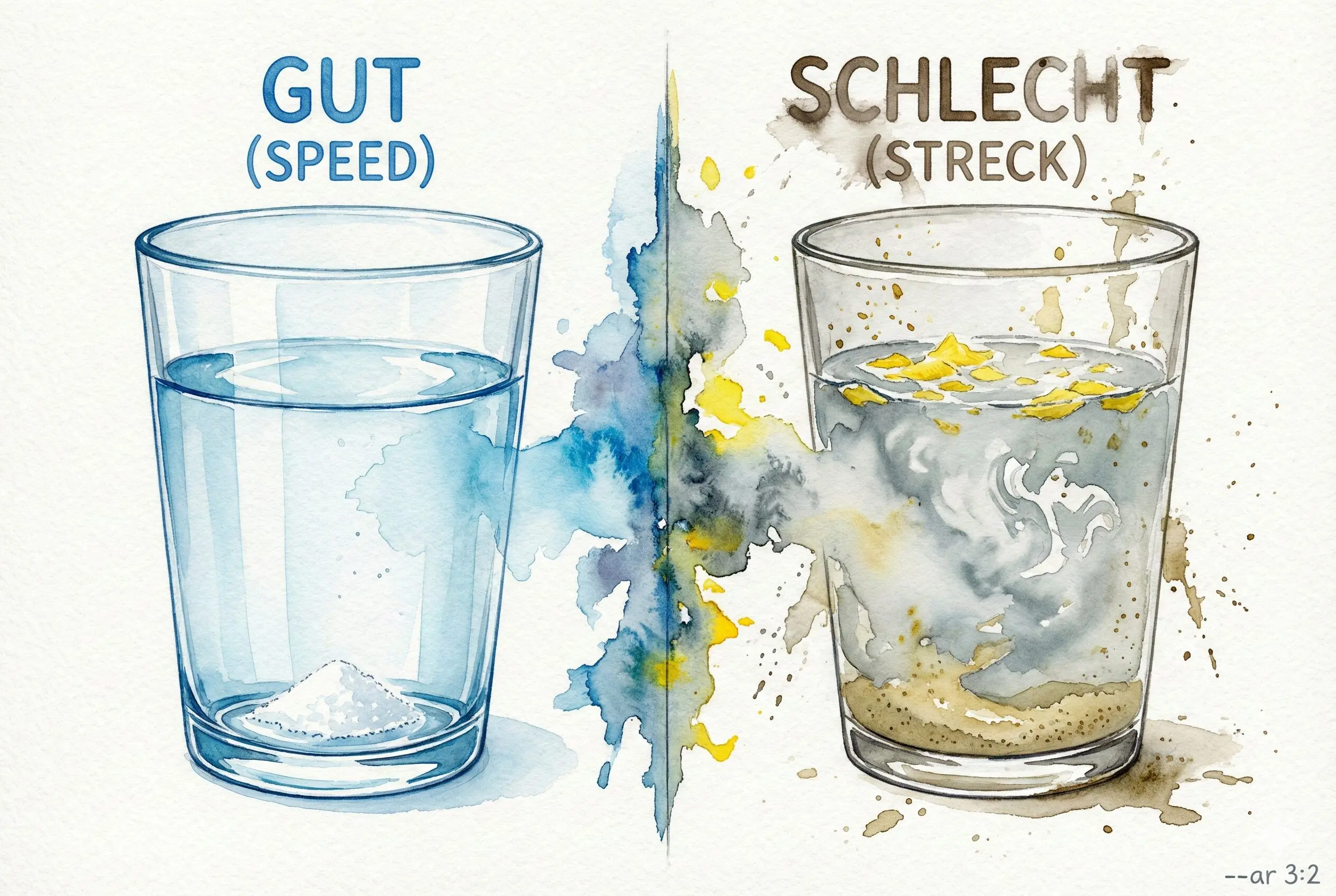 Aquarell-Vergleich des Wasser-Löslichkeitstests für Speed. Links: Klares Wasser, Pulver gelöst (gut). Rechts: Trübes Wasser, Bodensatz (schlecht/gestreckt).