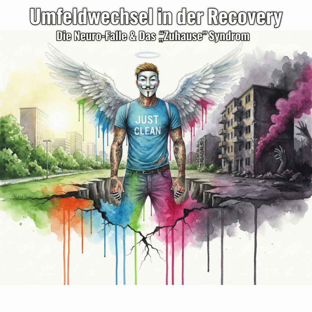 NeelixberliN mit Engelsflügeln und Anonymous-Maske steht als bunte Watercolor-Figur zwischen einem hellen neuen Leben und der dunklen, toxischen alten Konsum-Wohnung. Symbol für den Umfeldwechsel in der Sucht-Recovery.