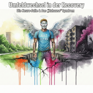 NeelixberliN mit Engelsflügeln und Anonymous-Maske steht als bunte Watercolor-Figur zwischen einem hellen neuen Leben und der dunklen, toxischen alten Konsum-Wohnung. Symbol für den Umfeldwechsel in der Sucht-Recovery.