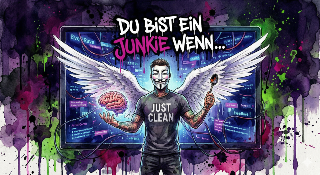 NeelixberliN Figur mit Engelsflügeln und Anonymous-Maske steht vor einem leuchtenden digitalen Drogen-Forum (Eve&Rave). In der Hand hält er ein leuchtendes Gehirn und einen verbogenen Löffel. Street-Art Aquarell-Stil.