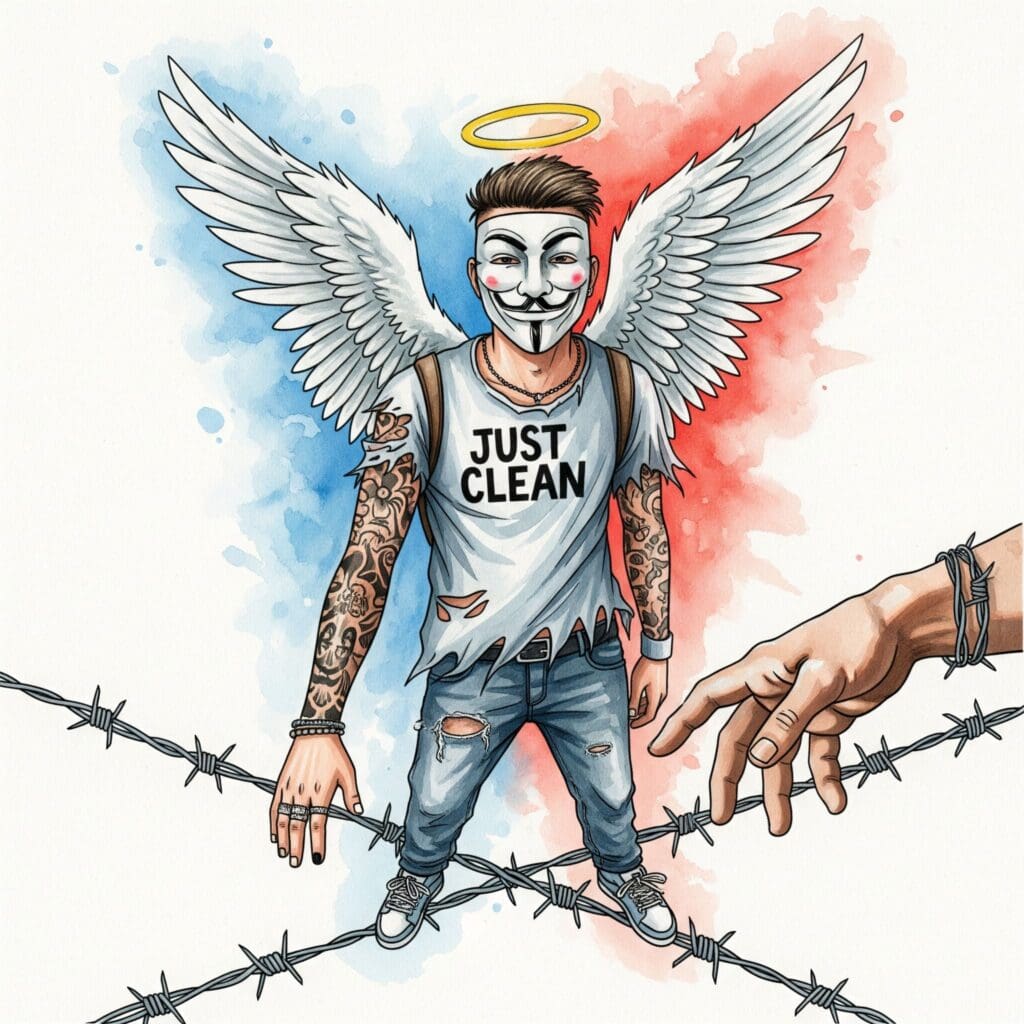 Eine Hand, die sich nach einer anderen ausstreckt, aber ein Stacheldraht ist dazwischen. Symbolisiert die gefährliche Gratwanderung zwischen Helfen und Selbstzerstörung. "Helfersyndrom bei Sucht", "gefährliche Hilfe", "Grenzen setzen im Entzug"
