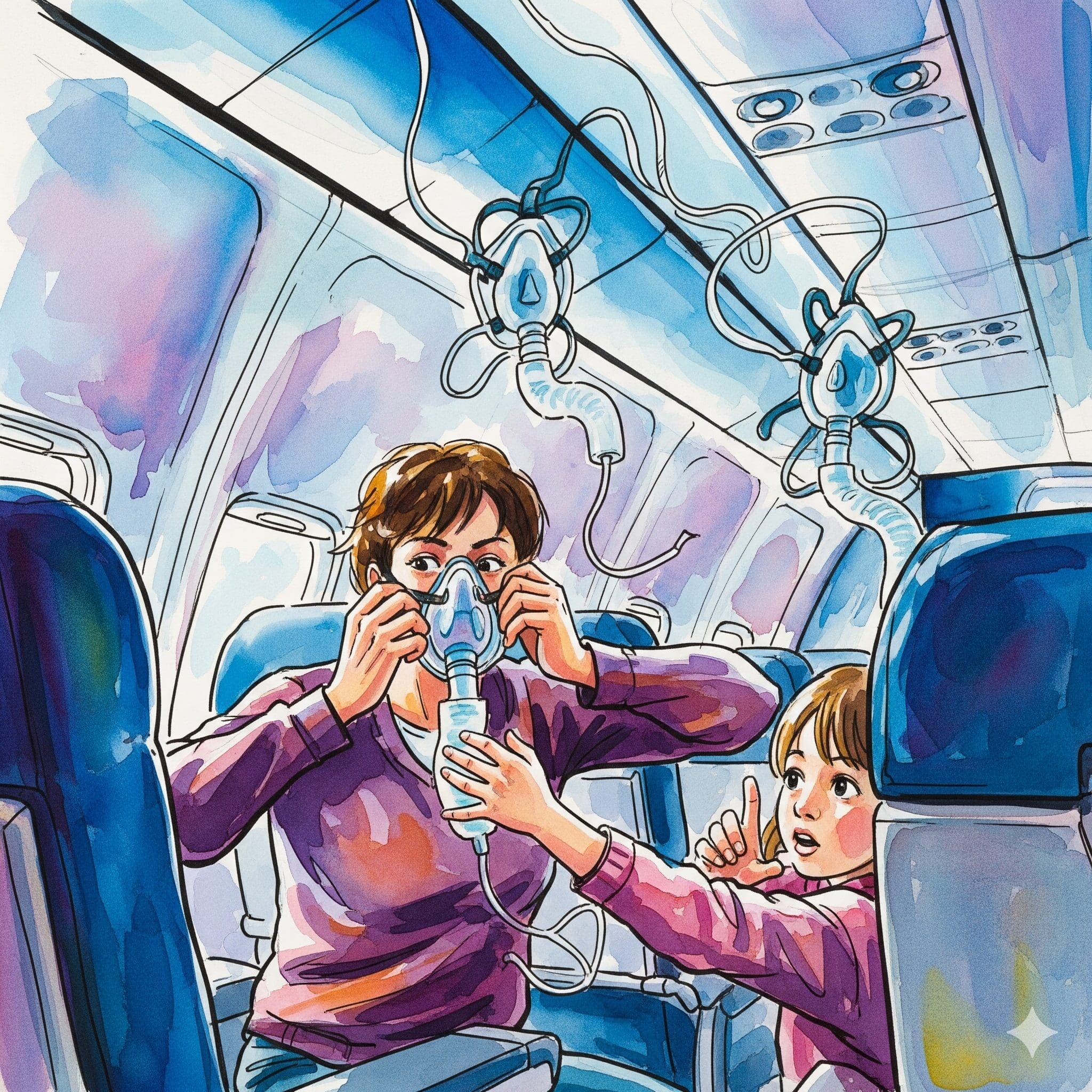 Eine Person in einem Flugzeug setzt sich zuerst die eigene Sauerstoffmaske auf, als Metapher für die Notwendigkeit der Selbstfürsorge für Angehörige von Süchtigen.