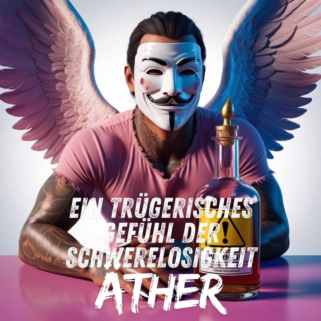 Ein Titel Bild von Äther in einer klaren Glasflasche mit Warnsymbolen einfügen. Keywords: Äther, Gefahren, Risiken, Warnung