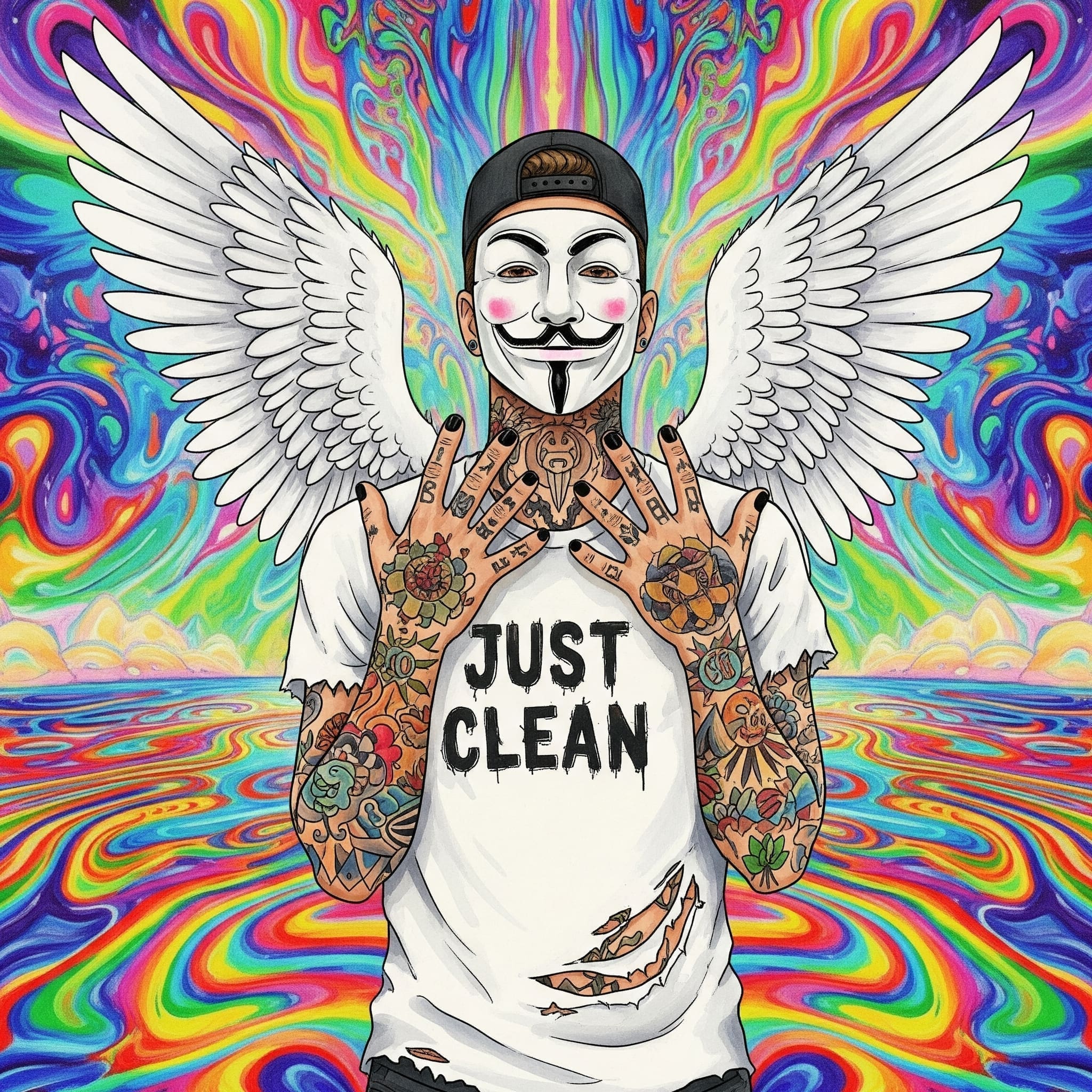 Eine abstrakte, psychedelische Grafik mit kaleidoskopischen Mustern und leuchtenden, fließenden Farben. Sie sollte faszinierend, aber auch leicht desorientierend wirken. "LSD Trip Wirkung", "psychedelische Wahrnehmung", "visuelle Effekte Acid"