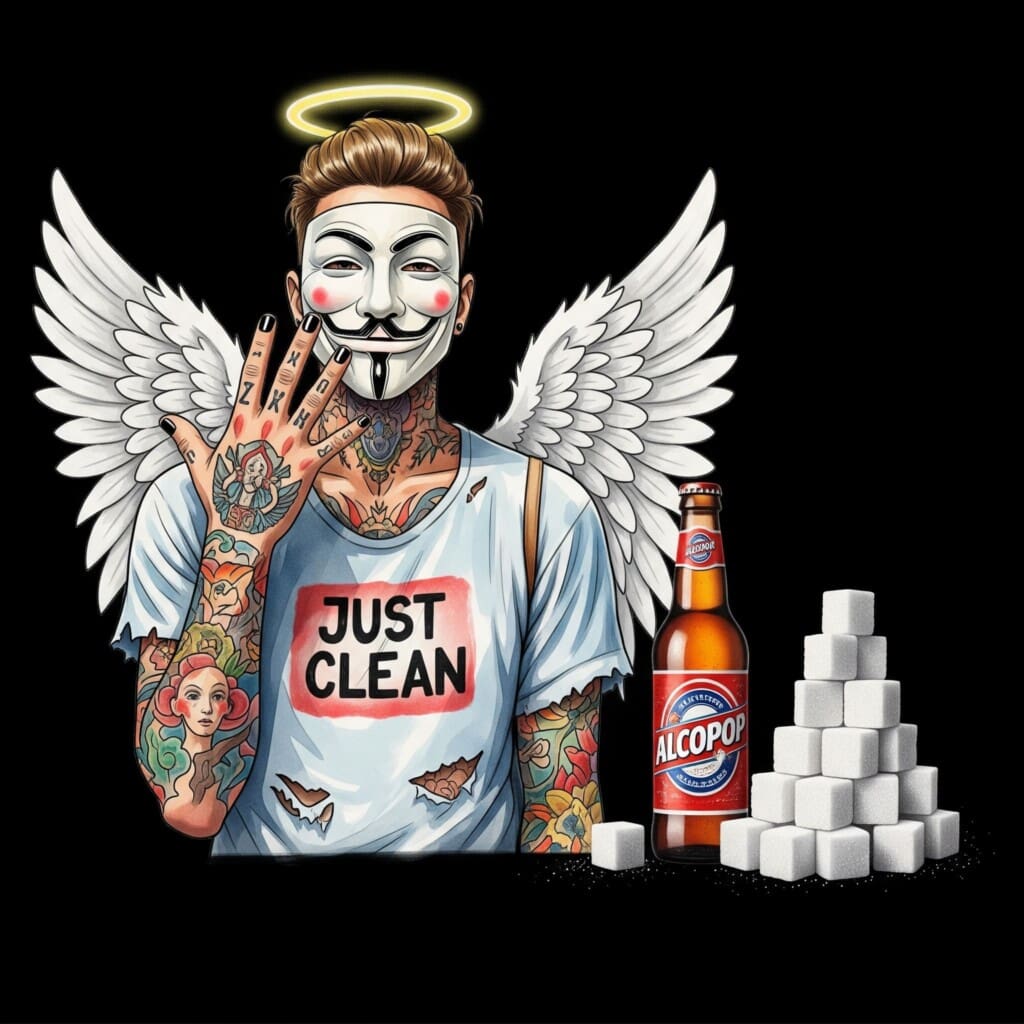 Eine einzelne Alcopop-Flasche. Daneben ist ein großer Haufen Zuckerwürfel aufgetürmt, der die Menge in der Flasche visualisiert. Symbolisiert den extremen Zuckergehalt. "Zucker in Alcopops", "versteckter Zucker", "gesundheitliche Risiken Alkohol"