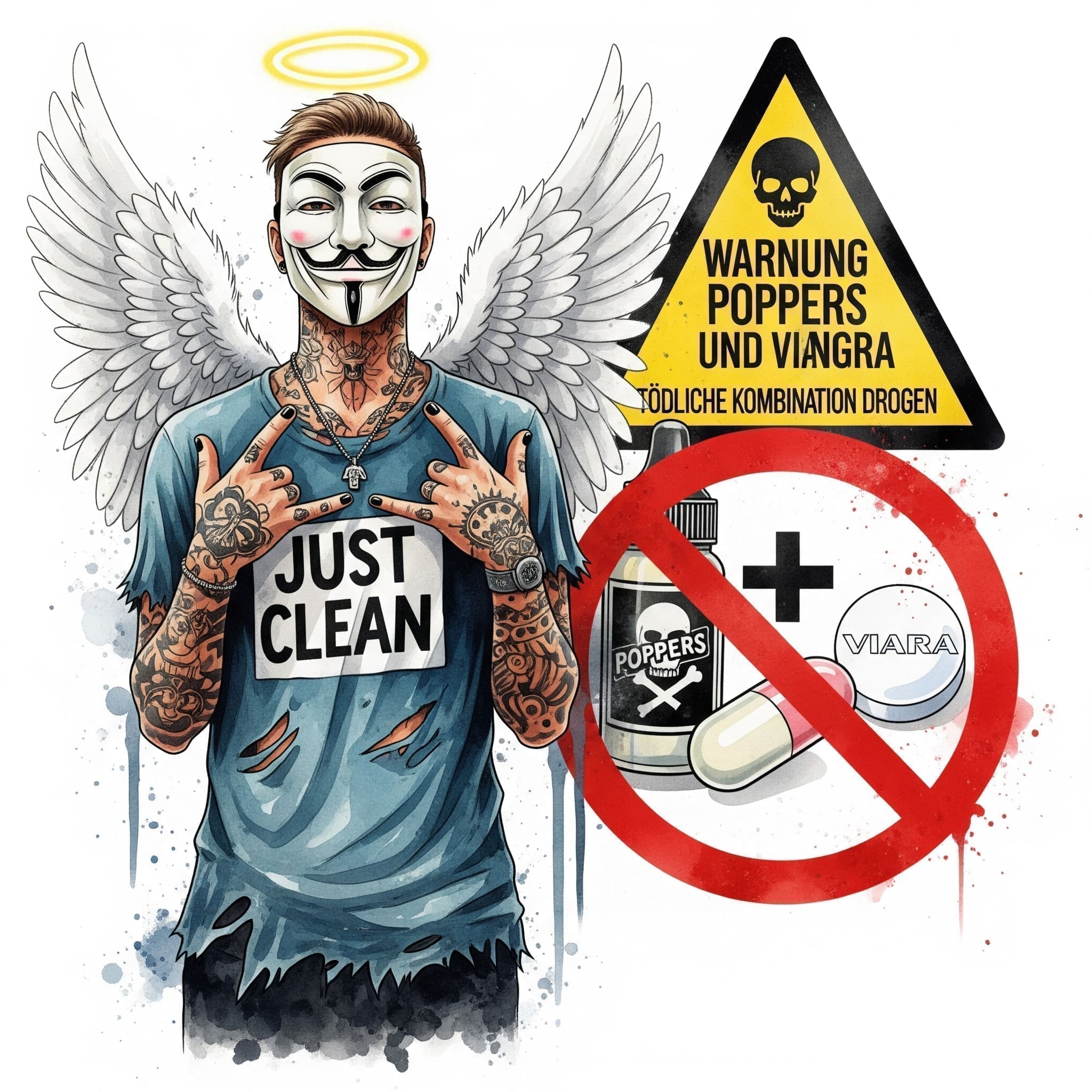 Eine sehr klare und deutliche Warngrafik. Eine Poppers-Flasche + ein Pluszeichen + eine Viagra-Pille. Das Ganze ist mit einem dicken, roten Verbots-Kreis (🚫) und einem Totenkopf-Symbol (☠️) durchgestrichen. "Warnung Poppers und Viagra", "tödliche Kombination Drogen", "Safer Use Potenzmittel"
