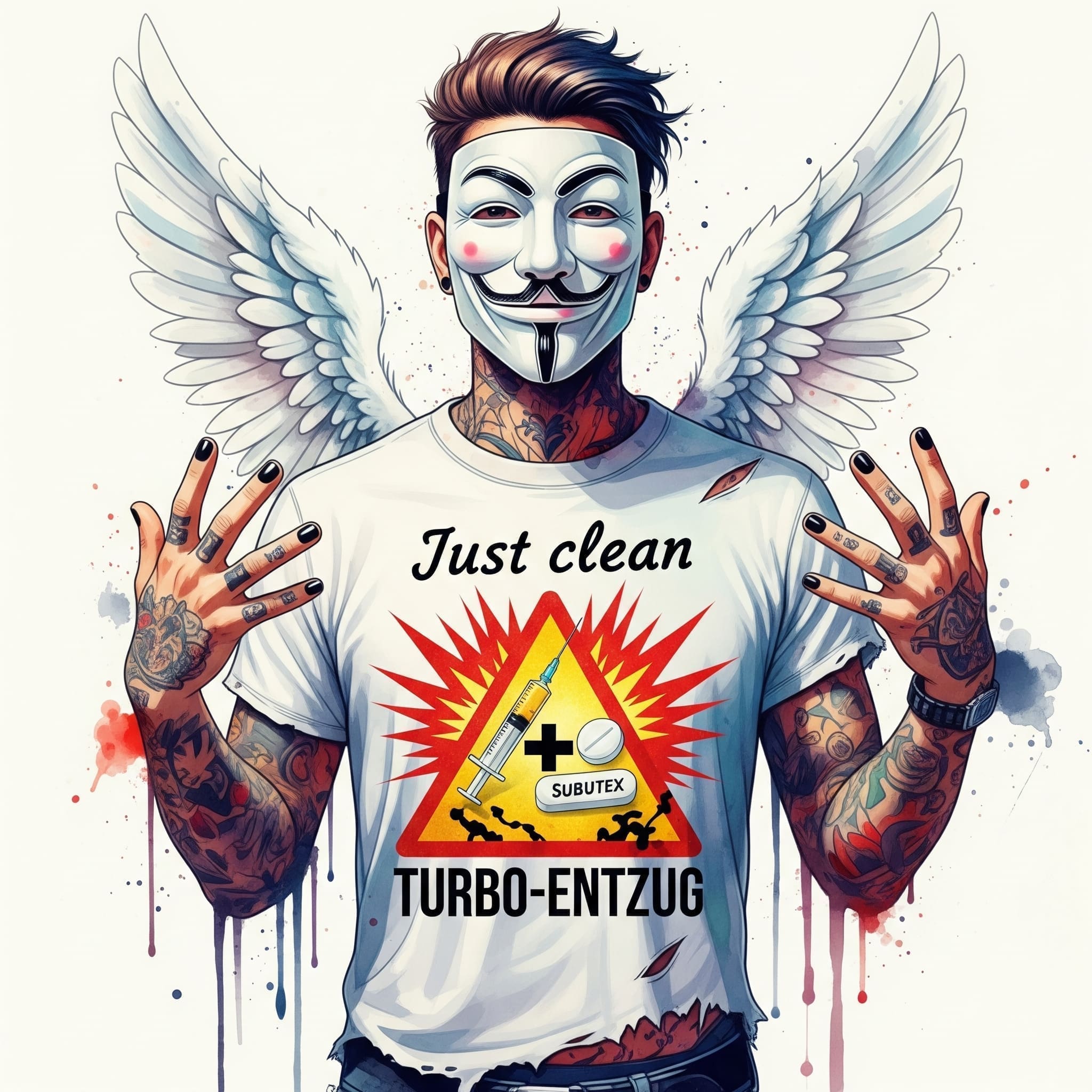 Eine sehr klare und deutliche Warngrafik. Eine Spritze (Heroin) + ein Pluszeichen + eine Subutex-Tablette. Das Ganze ist mit einem dicken, roten Explosions-Symbol (💥) und dem Wort "TURBO-ENTZUG" versehen."Warnung Turbo-Entzug", "precipitated withdrawal", "Buprenorphin und Heroin"