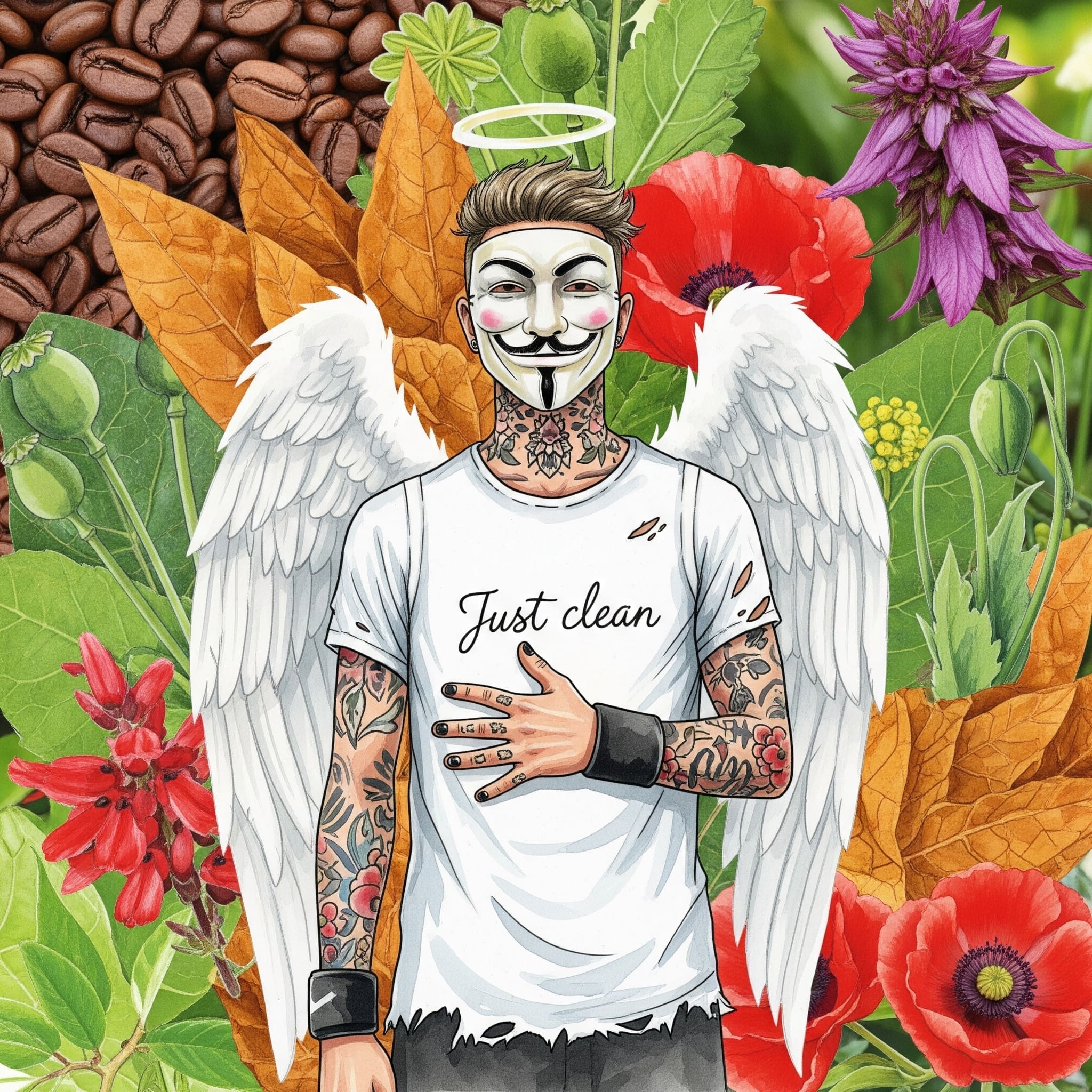 Eine Collage aus verschiedenen Pflanzen, die Alkaloide produzieren: Kaffeebohnen, Tabakblätter, Mohnkapseln und Tollkirschen. Symbolisiert die Vielfalt und die natürlichen Quellen. "alkaloidhaltige Pflanzen", "natürliche Drogen", "Quellen von Alkaloiden"