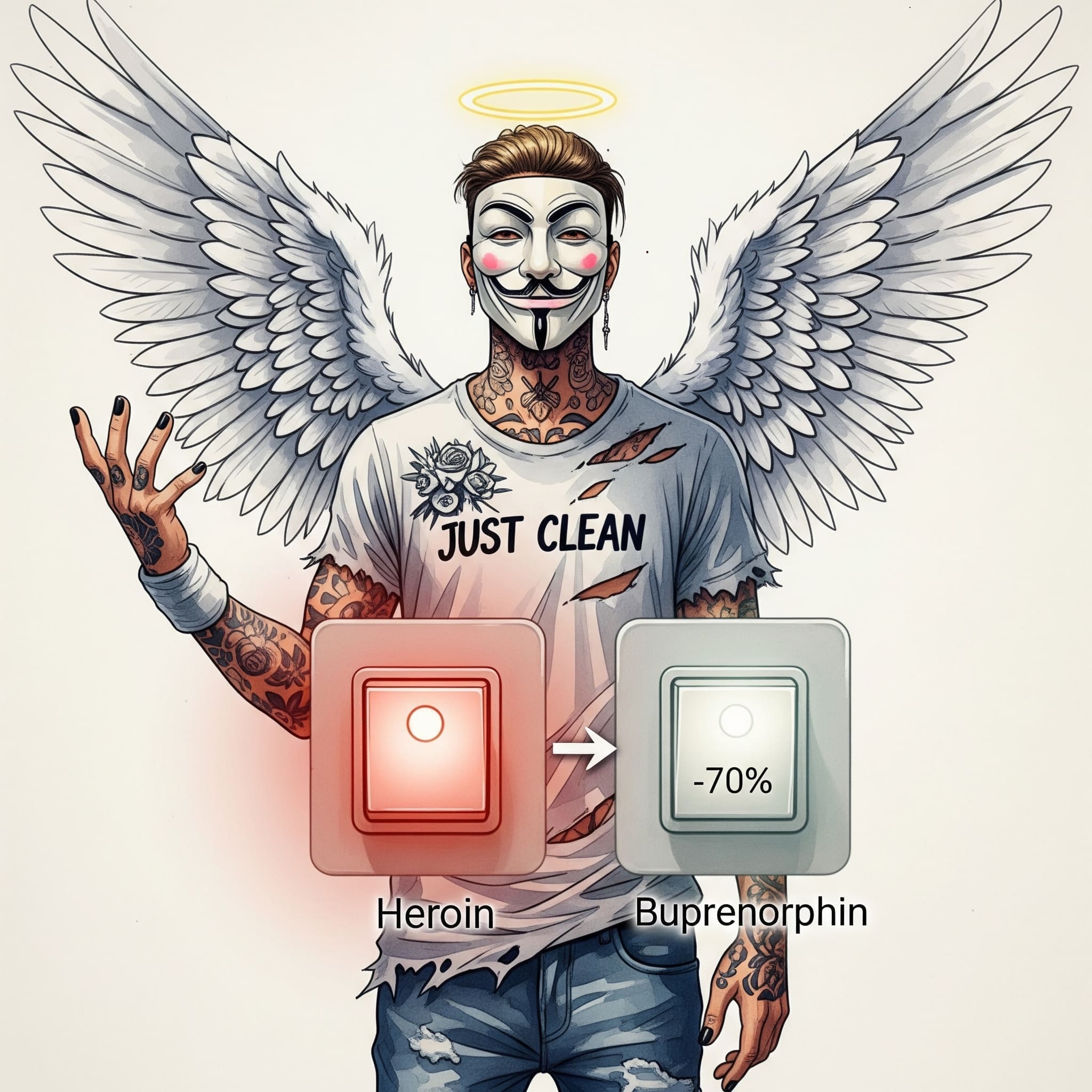Eine stilisierte Grafik von zwei Lichtschaltern. Einer ist auf 100% gedreht und glüht rot ("Heroin"). Der andere ist ein Dimmer, der nur bis 70% geht und sanfter leuchtet ("Buprenorphin"). Symbolisiert den Unterschied zwischen vollem und partiellem Agonisten. "partieller Agonist erklärt", "Wirkung Buprenorphin", "Ceiling-Effekt"