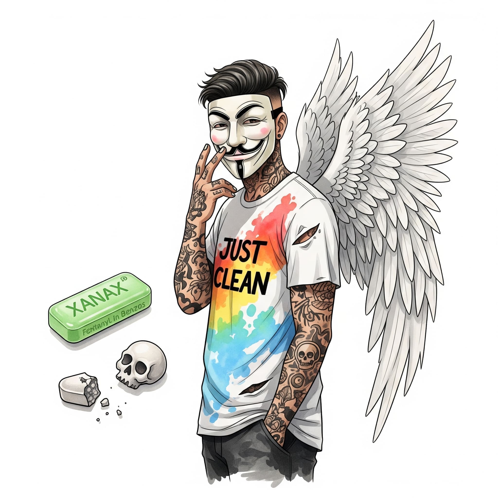 Eine einzelne Pille, die wie eine originale Xanax-Bar aussieht, liegt neben einer fast identischen, aber leicht zerbröselten Pille in Form eines Totenkopfs. Symbolisiert die Gefahr von Fälschungen. "gefälschte Xanax", "Fentanyl in Benzos", "Schwarzmarkt Drogen"