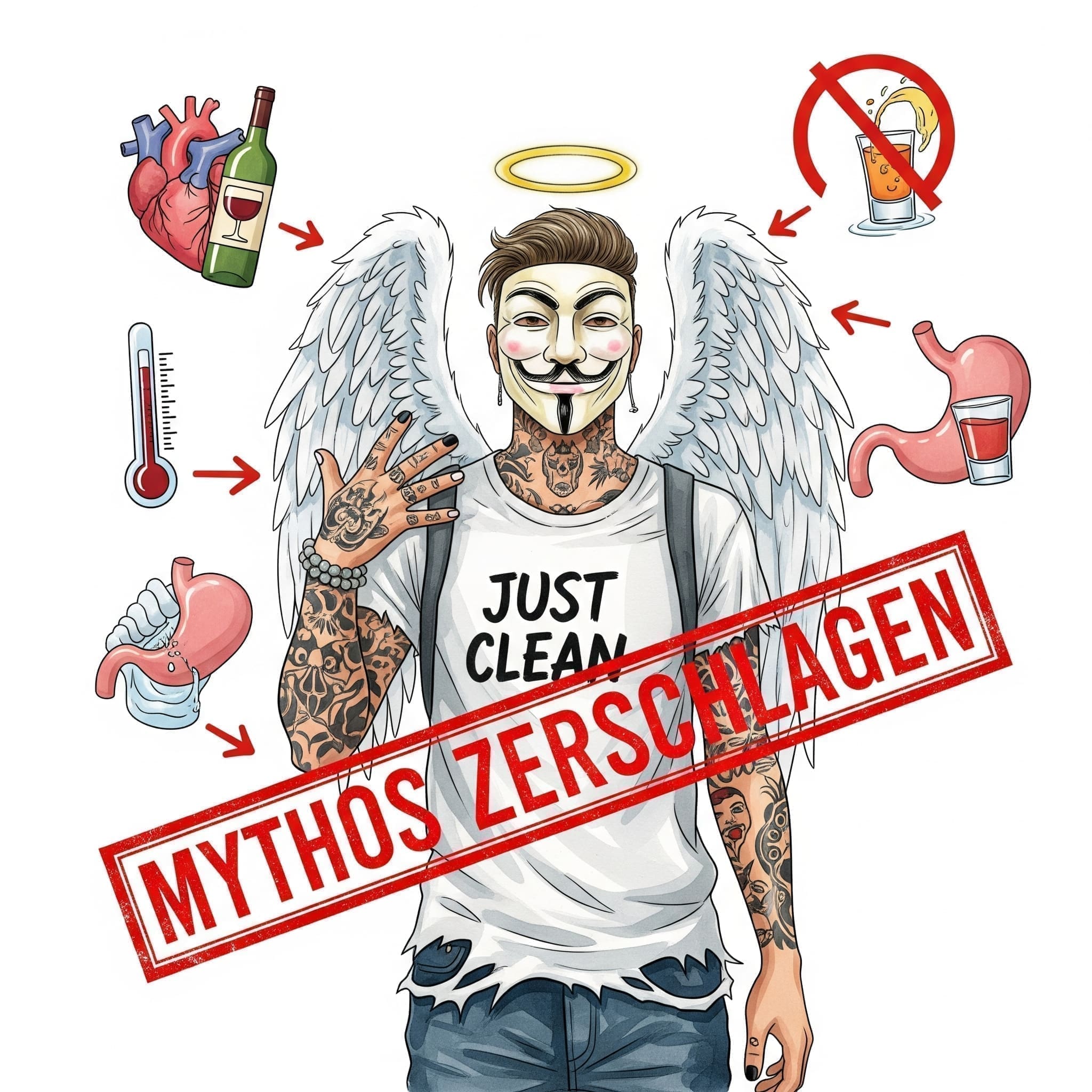 Eine Grafik, die verschiedene Mythen (ein Herz mit Weinflasche, ein Thermometer, ein Magen mit Schnapsglas) mit einem großen, roten "MYTHOS ZERSCHLAGEN"-Stempel zeigt. Symbolisiert das Aufklären von Halbwahrheiten. "Alkohol Mythen widerlegt", "Fakten über Alkohol", "Alkohol Halbwissen"