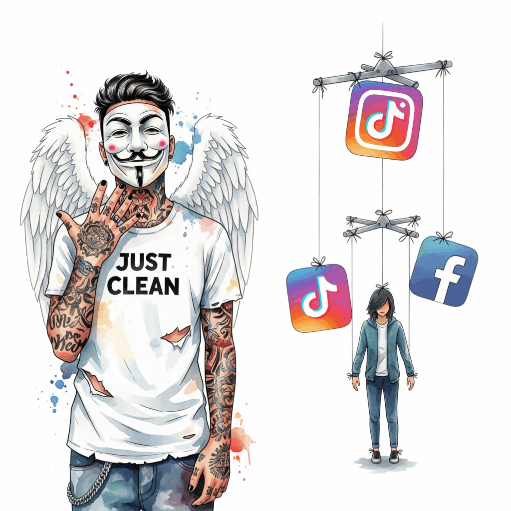 Eine stilisierte Grafik einer Person, die an unsichtbaren Fäden hängt. Die Fäden werden von großen App-Icons (Instagram, TikTok, Facebook) gesteuert wie bei einer Marionette. "Social Media Sucht", "Abhängigkeit von Likes", "Kontrollverlust"