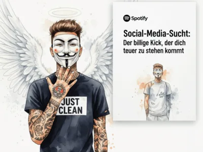 Social-Media-Sucht: Der billige Kick, der dich teuer zu stehen kommt. Podcast und Artikel Titelbild
