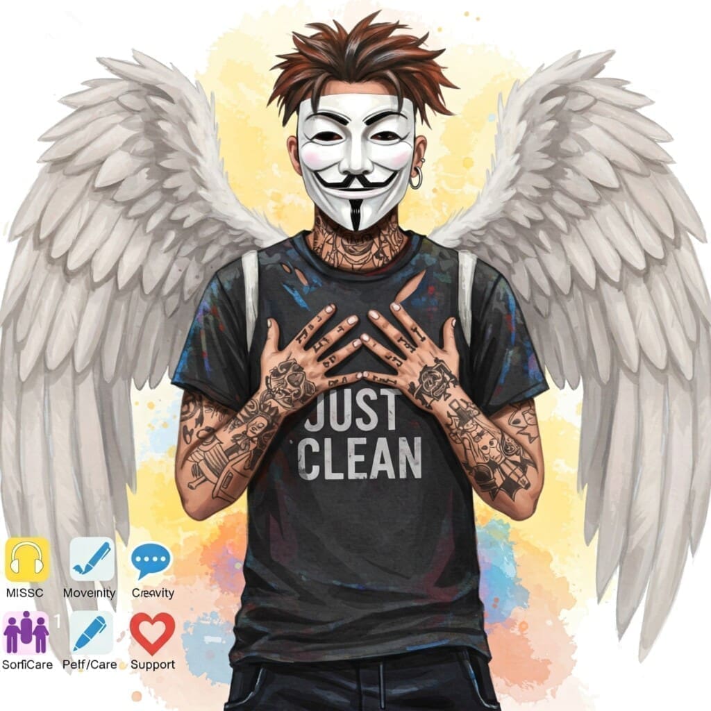 Eine helle, freundliche Collage oder eine Serie kleiner Icons, die gesunde Bewältigungsstrategien zeigen: Kopfhörer (Musik 🎧), Sportschuh (Bewegung 👟), Stift/Pinsel (Kreativität 🎨), Sprechblasen (Reden 💬), Herz (Selbstfürsorge ❤️), Hände (Support 🙏).
Keywords/Alt-Text: Collage gesunder Skills – Werkzeuge für den Umgang mit Gefühlen und Emotionen nach Sucht.