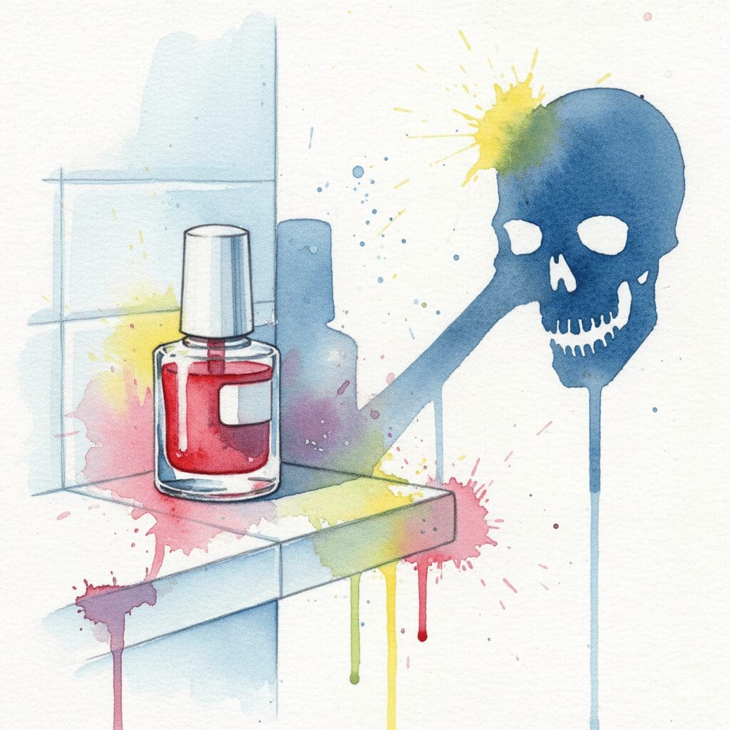 Künstlerische Darstellung der versteckten Gefahr von Aceton-Missbrauch, gezeigt als eine Nagellackentferner-Flasche, die einen Totenkopf-Schatten wirft.