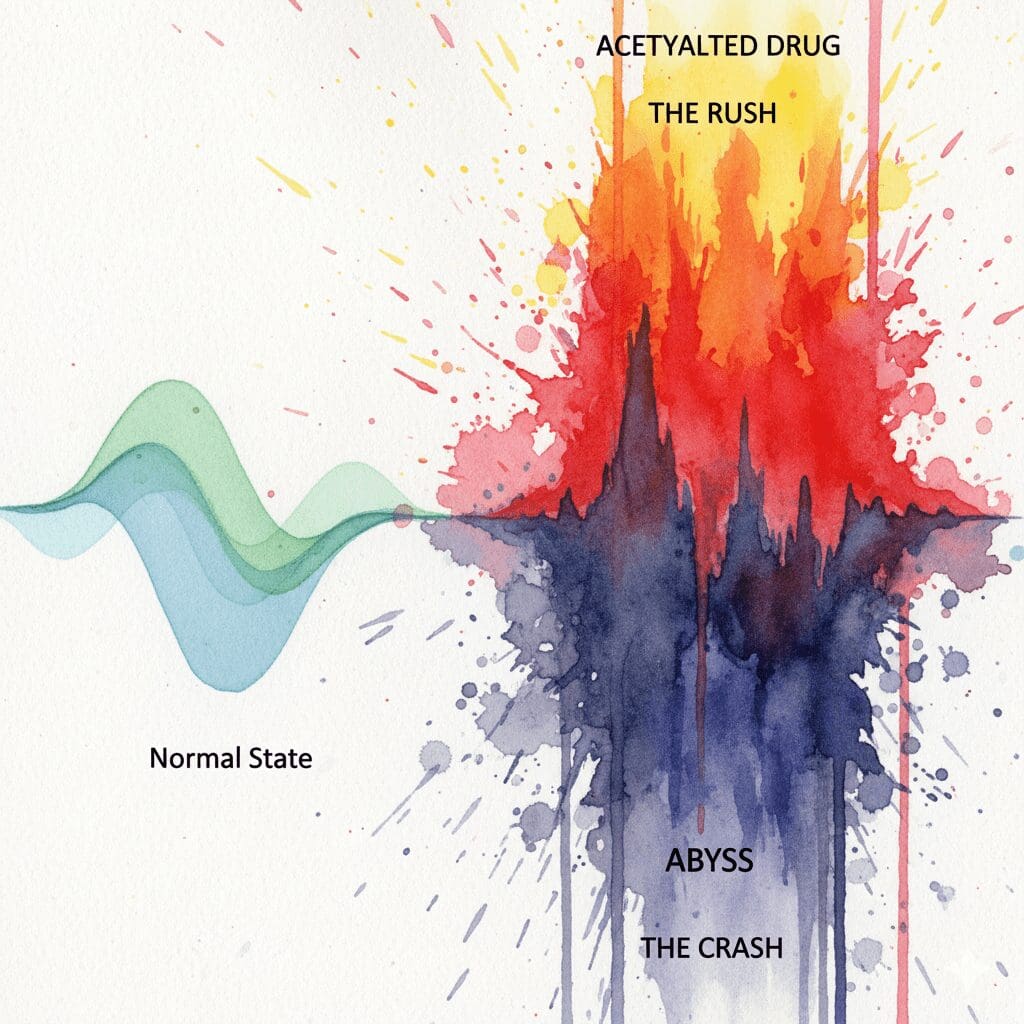 Symbolische Darstellung der schnelleren und stärkeren Wirkung von acetylierten Drogen wie Heroin, gezeigt als eine extreme Flutwelle mit tiefem Absturz.