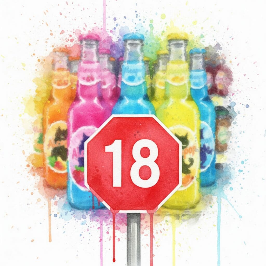 Rotes "STOP"-Schild mit Zahl 18 im Vordergrund, Alcopop-Flaschen im Hintergrund, symbolisiert die Altersgrenze für den Kauf.