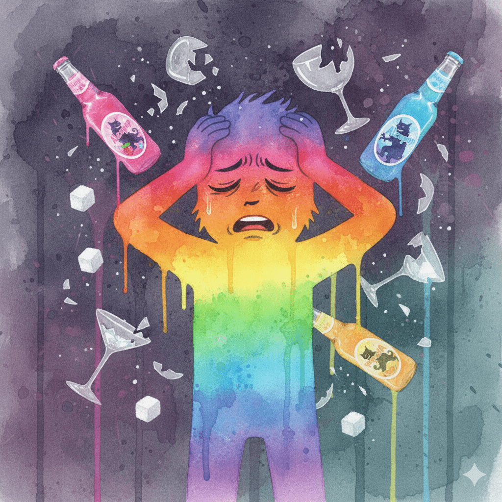 NeelixberliN-Figur leidet unter einem Alcopops-Kater, umgeben von leeren Flaschen und Zuckerwürfeln, symbolisiert die negativen Folgen des Konsums.