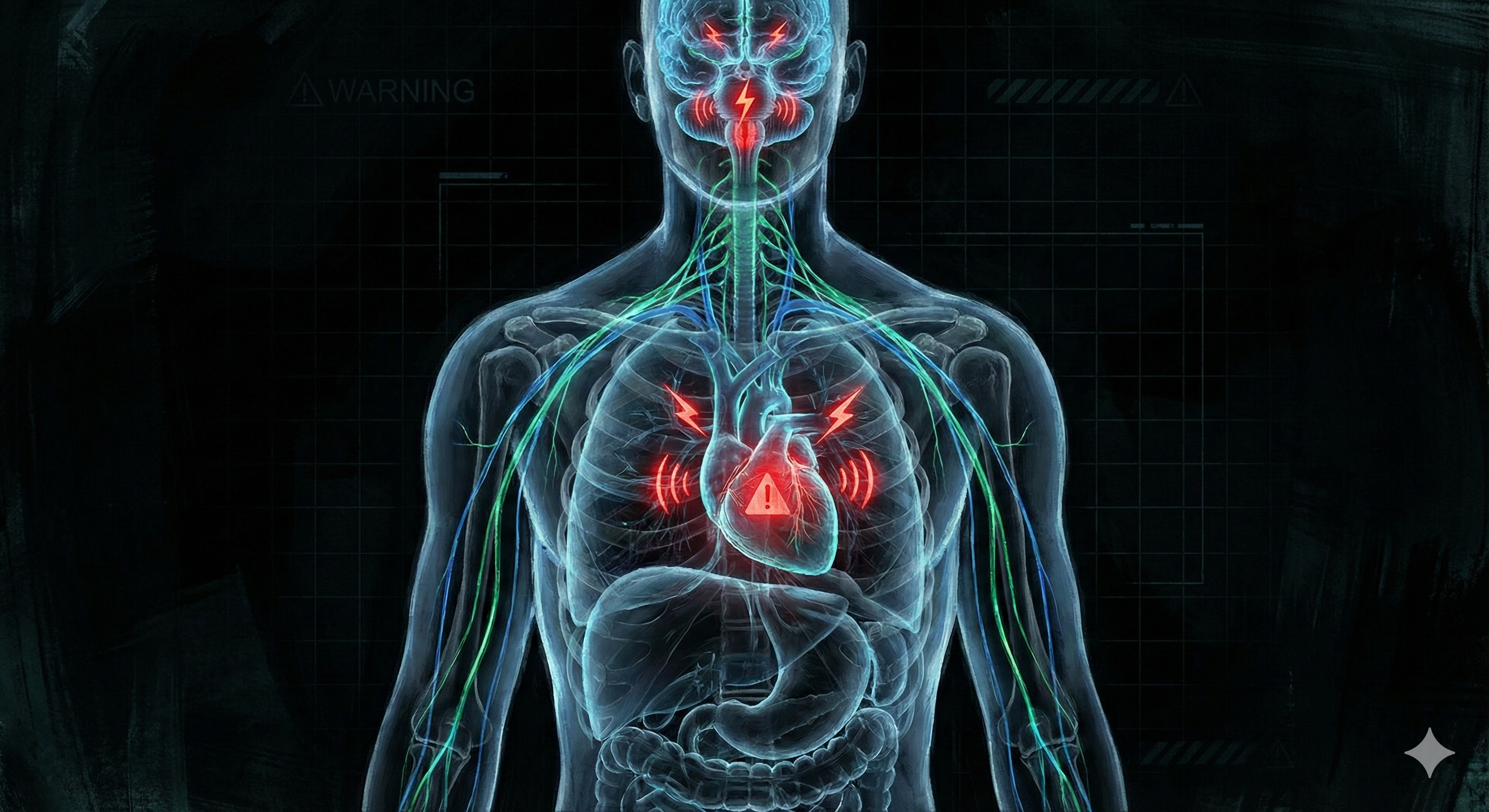 Medizinische Illustration eines menschlichen Oberkörpers mit transparentem Nervensystem. Rote Warnsignale leuchten am Herzen und am Hirnstamm, um die Gefahren von Mischkonsum, Herzstillstand und Atemdepression durch Alkaloide darzustellen.