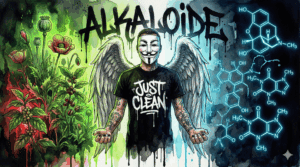 NeelixberliN-Figur mit Anonymous-Maske und Engelsflügeln vor einem Graffiti-Hintergrund mit dem Schriftzug ALKALOIDE. Die Grafik verbindet Pflanzen wie Mohn mit chemischen Formeln.
