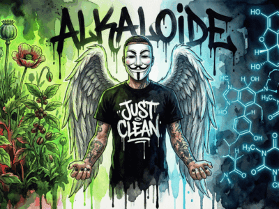 NeelixberliN-Figur mit Anonymous-Maske und Engelsflügeln vor einem Graffiti-Hintergrund mit dem Schriftzug ALKALOIDE. Die Grafik verbindet Pflanzen wie Mohn mit chemischen Formeln.