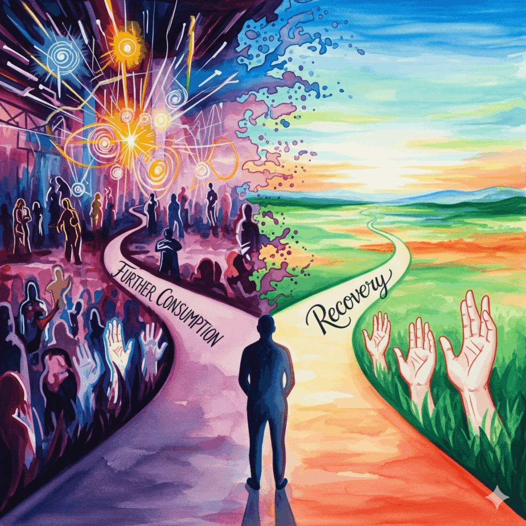 Symbolische Darstellung der Entscheidung zwischen fortgesetztem Drogenkonsum und dem Weg in die Recovery und Suchthilfe.