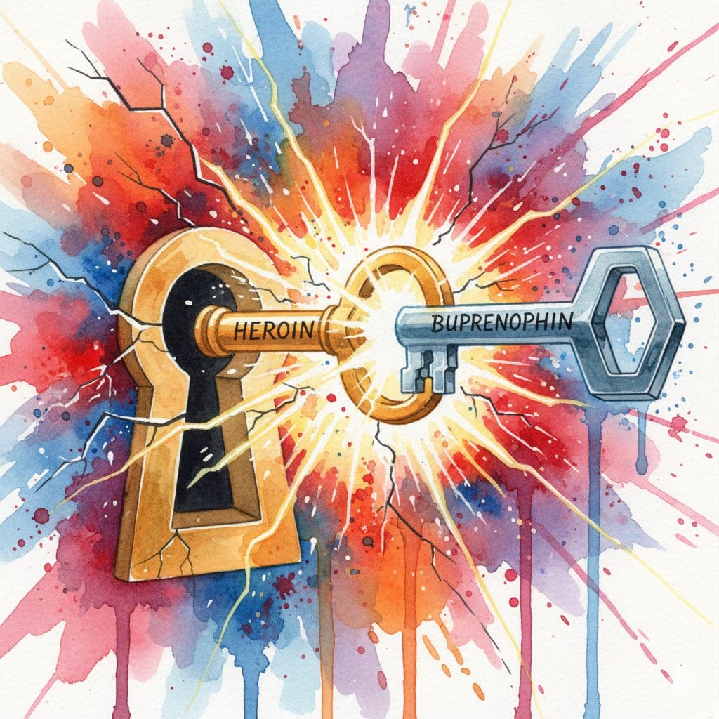 Künstlerische Darstellung der Verdrängung von Opioiden am Rezeptor durch Buprenorphin, was zum Turbo-Entzug führt.