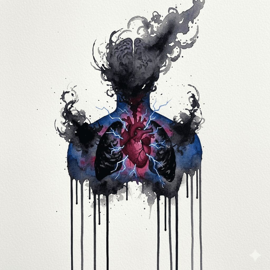 Symbolische Darstellung der verheerenden körperlichen Langzeitfolgen von Crack-Konsum auf Lunge, Herz und Gehirn.