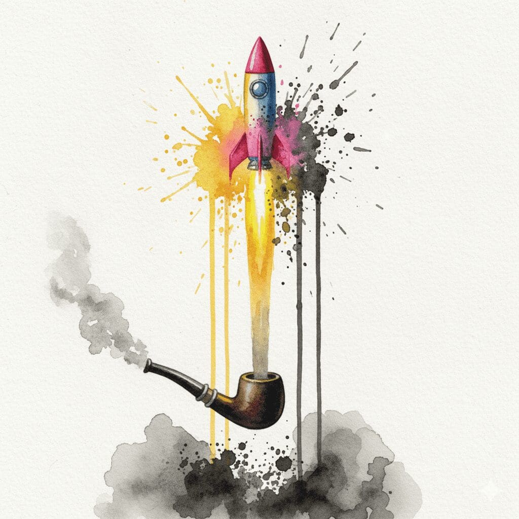 Künstlerische Darstellung des Rausches und Absturzes von Crack, gezeigt als eine Rakete, die explodiert und als Asche herabfällt.