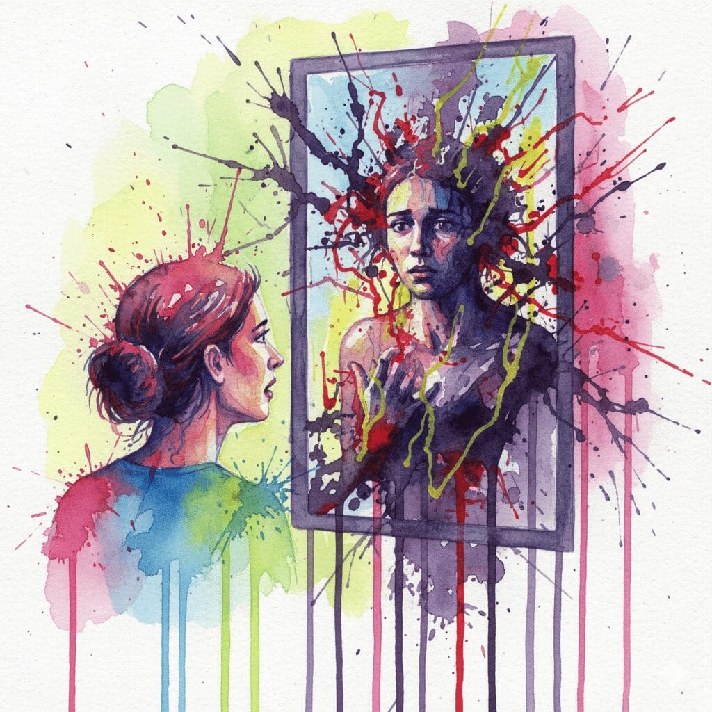 Künstlerische Darstellung der Crystal-Meth-Psychose als verzerrtes und bedrohliches Spiegelbild.