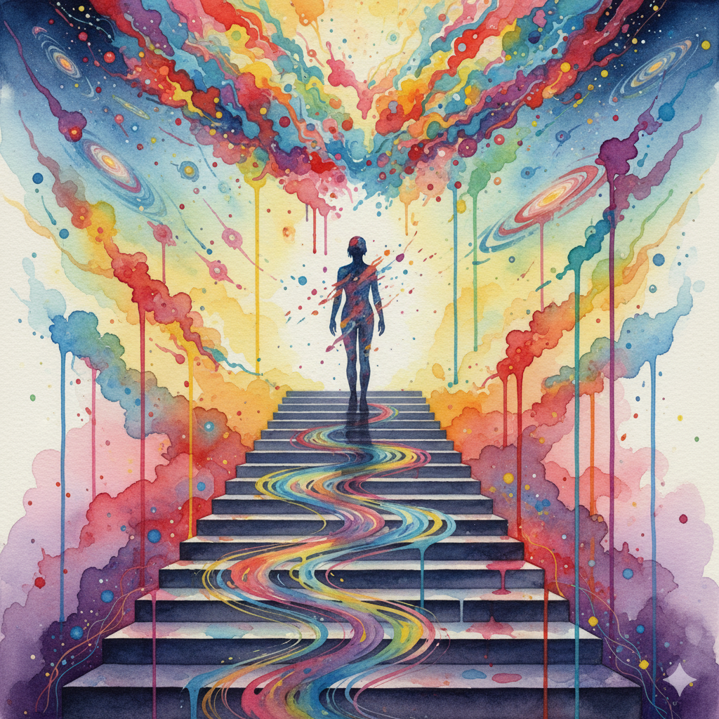 Künstlerische Darstellung der vier Plateaus eines DXM-Trips, von leichter Euphorie bis zur kompletten Dissoziation.