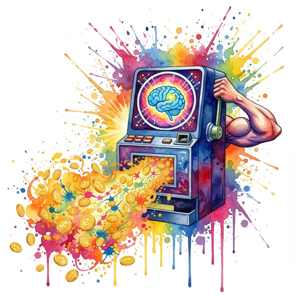 Künstlerische Darstellung, wie Glücksspiel das Dopamin-Belohnungssystem im Gehirn aktiviert, symbolisiert durch einen Spielautomaten, der Dopamin-Münzen ausspuckt.