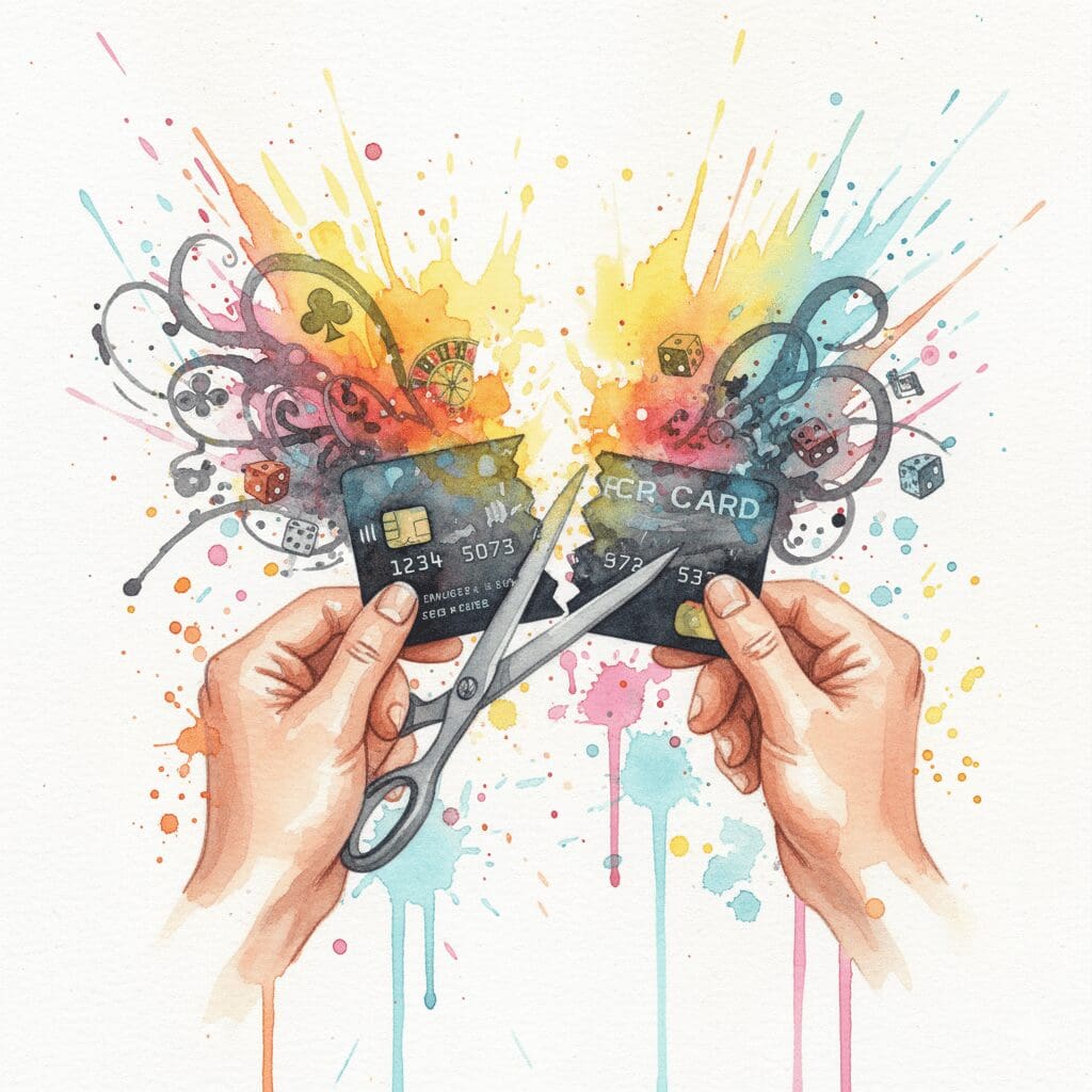 Symbolische Darstellung der Recovery von Glücksspielsucht, gezeigt als Hände, die eine Kreditkarte als Symbol für den Zwang zerschneiden.