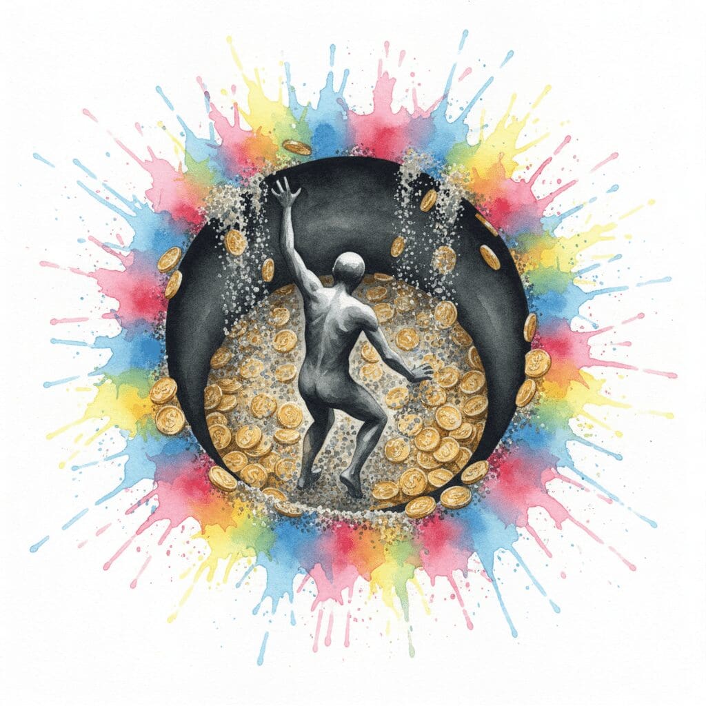 Alt-Text: Symbolische Darstellung des "Verluste Jagens" bei Glücksspielsucht, bei dem der Versuch, Verluste auszugleichen, zu noch größeren Verlusten führt.