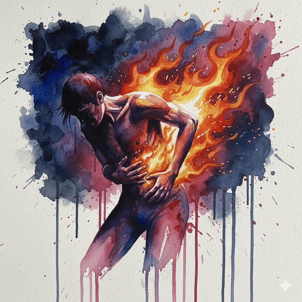 Künstlerische Darstellung der extremen Schmerzen und des Leidens, die durch die "Keta-Blase" bei chronischem Ketamin-Konsum verursacht werden.