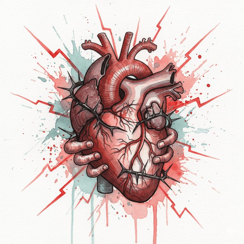 Symbolische Darstellung des extremen Risikos von Kokain für das Herz-Kreislauf-System, gezeigt als ein Herz, das zusammengepresst wird.