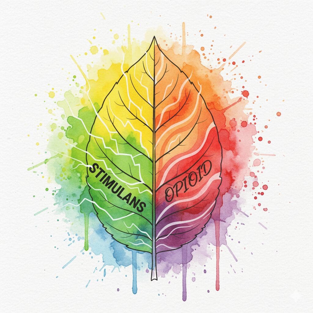 Künstlerische Darstellung der dualen Wirkung von Kratom, die je nach Dosis stimulierend oder opioid-ähnlich sein kann.