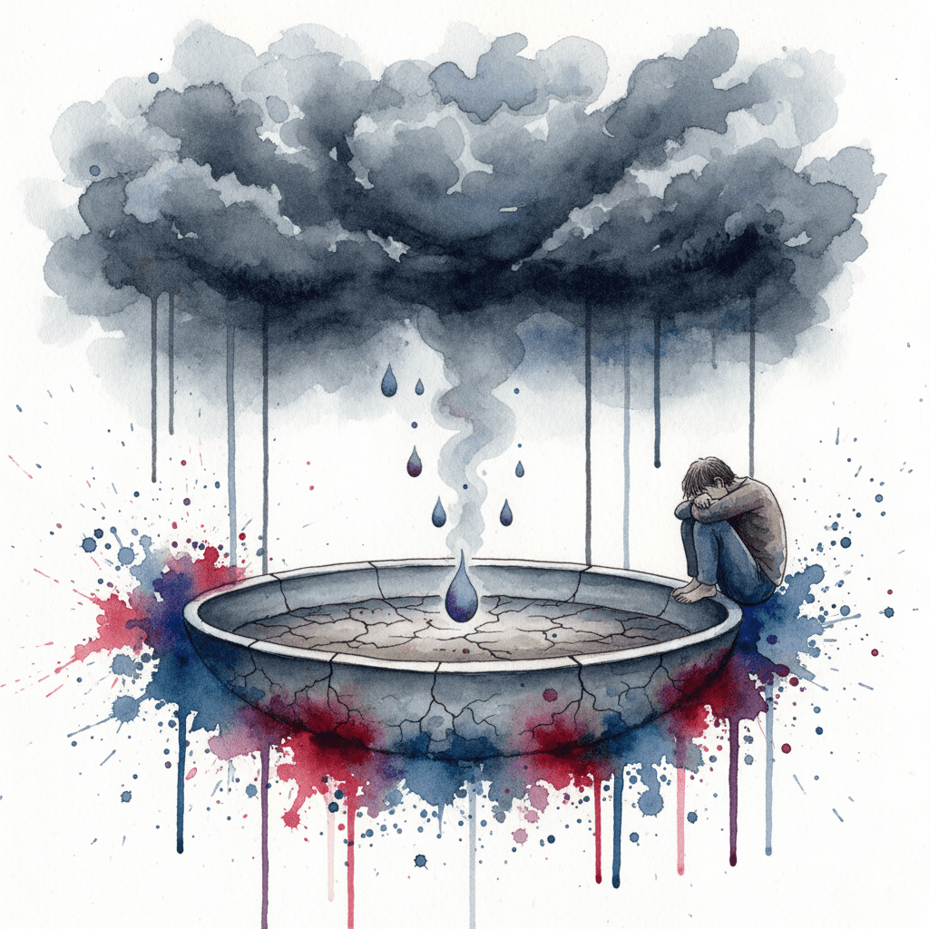 Symbolische Darstellung des "MDMA-Katers" (Suicide Tuesday) als ein leeres Serotonin-Reservoir im Gehirn, das zu Depressionen führt.