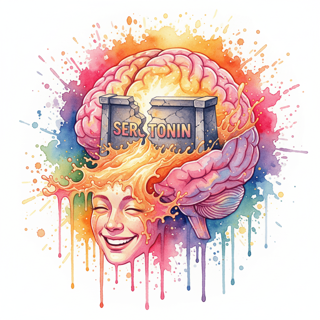 Künstlerische Darstellung der Wirkung von MDMA, bei der das Gehirn mit dem Botenstoff Serotonin geflutet wird.