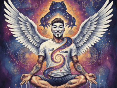 Titelbild zum Thema 5-MeO-DMT mit der NeelixberliN-Figur (Anonymous-Maske, Engelsflügel, "Just Clean"-Shirt). Die Figur schwebt in einer meditativen Pose, während sich ihr Bewusstsein in kosmischer Energie auflöst, was den dissoziativen Trip der Kröten-Droge symbolisiert. Oben steht der Titel "5-MeO-DMT".
