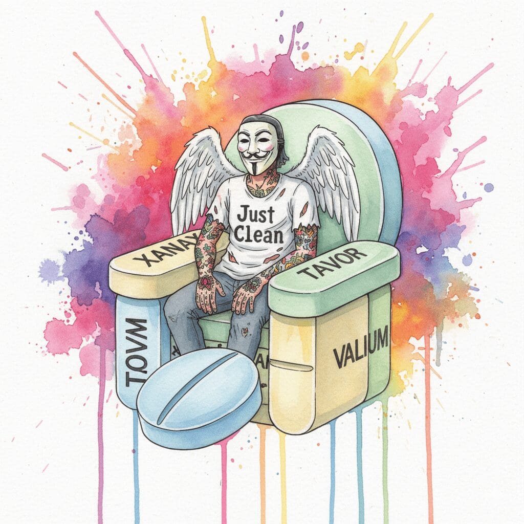 NeelixberliN-Figur mit Anonymous-Maske, die in einem Sessel aus Benzodiazepin-Pillen gefangen ist, was die Abhängigkeit symbolisiert.