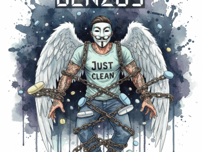 Titelbild zum Thema Benzos (Benzodiazepine) mit der NeelixberliN-Figur (Anonymous-Maske, Engelsflügel, "Just Clean"-Shirt), die von rostigen Ketten aus Xanax-Riegeln, Tavor- und Valium-Pillen gefesselt ist, was die Abhängigkeit symbolisiert. Oben steht der Titel "BENZOS".