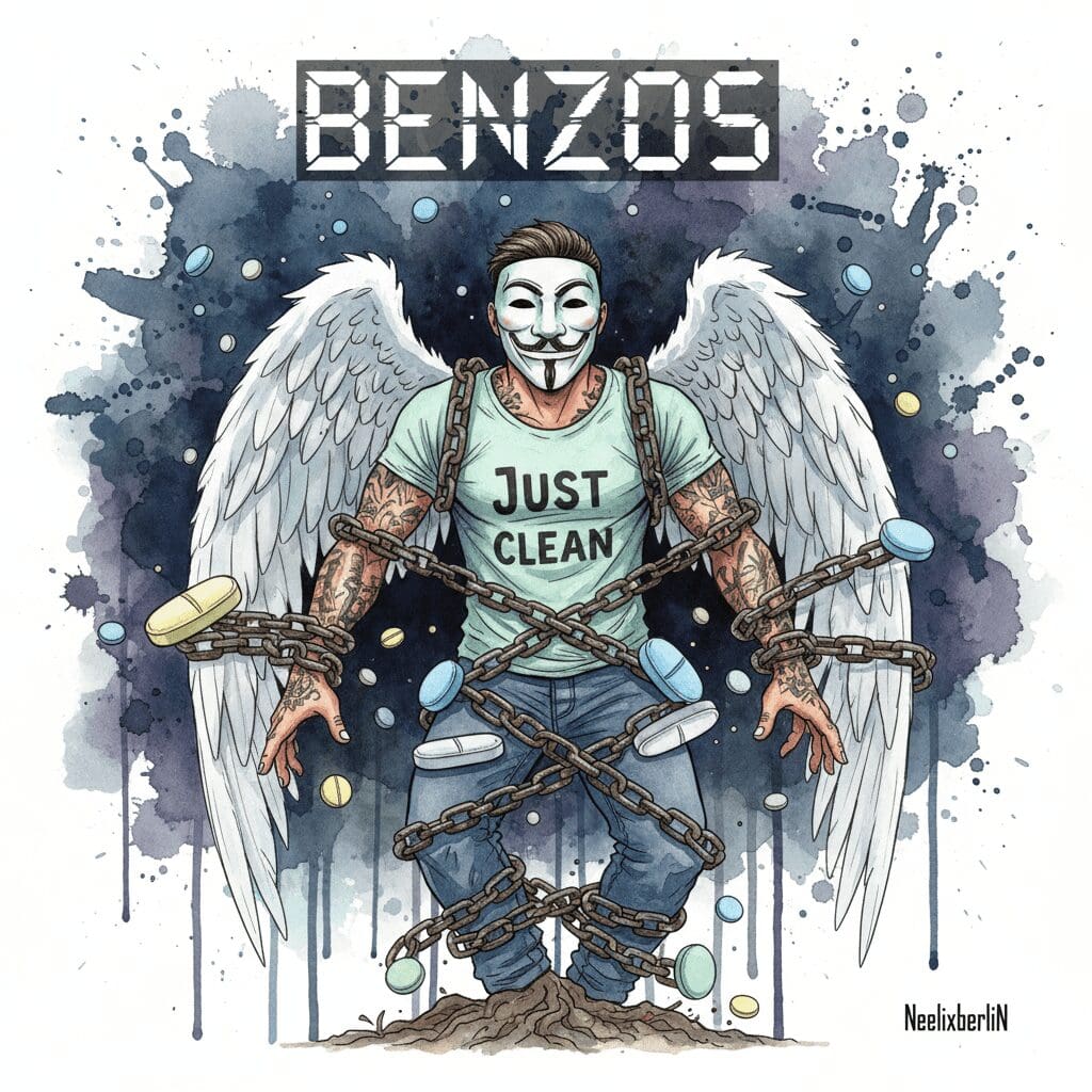 Titelbild zum Thema Benzos (Benzodiazepine) mit der NeelixberliN-Figur (Anonymous-Maske, Engelsflügel, "Just Clean"-Shirt), die von rostigen Ketten aus Xanax-Riegeln, Tavor- und Valium-Pillen gefesselt ist, was die Abhängigkeit symbolisiert. Oben steht der Titel "BENZOS".
