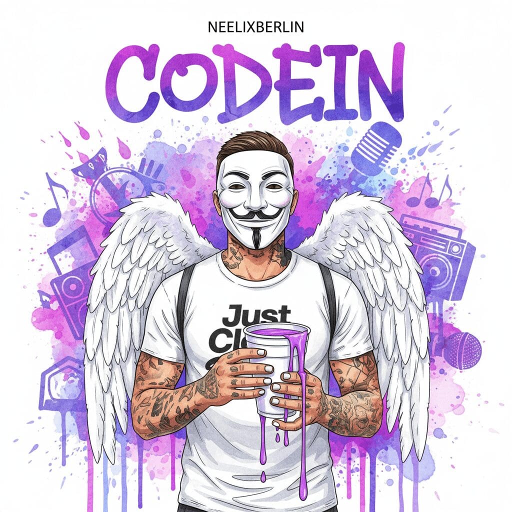 Titelbild zum Thema Codein mit der NeelixberliN-Figur (Anonymous-Maske, Engelsflügel, "Just Clean"-Shirt). Die Figur hält einen lila "Double Cup", der "Lean" (Purple Drank) symbolisiert, um vor dem gehypten Opioid-Missbrauch zu warnen. Oben steht der Titel "CODEIN".