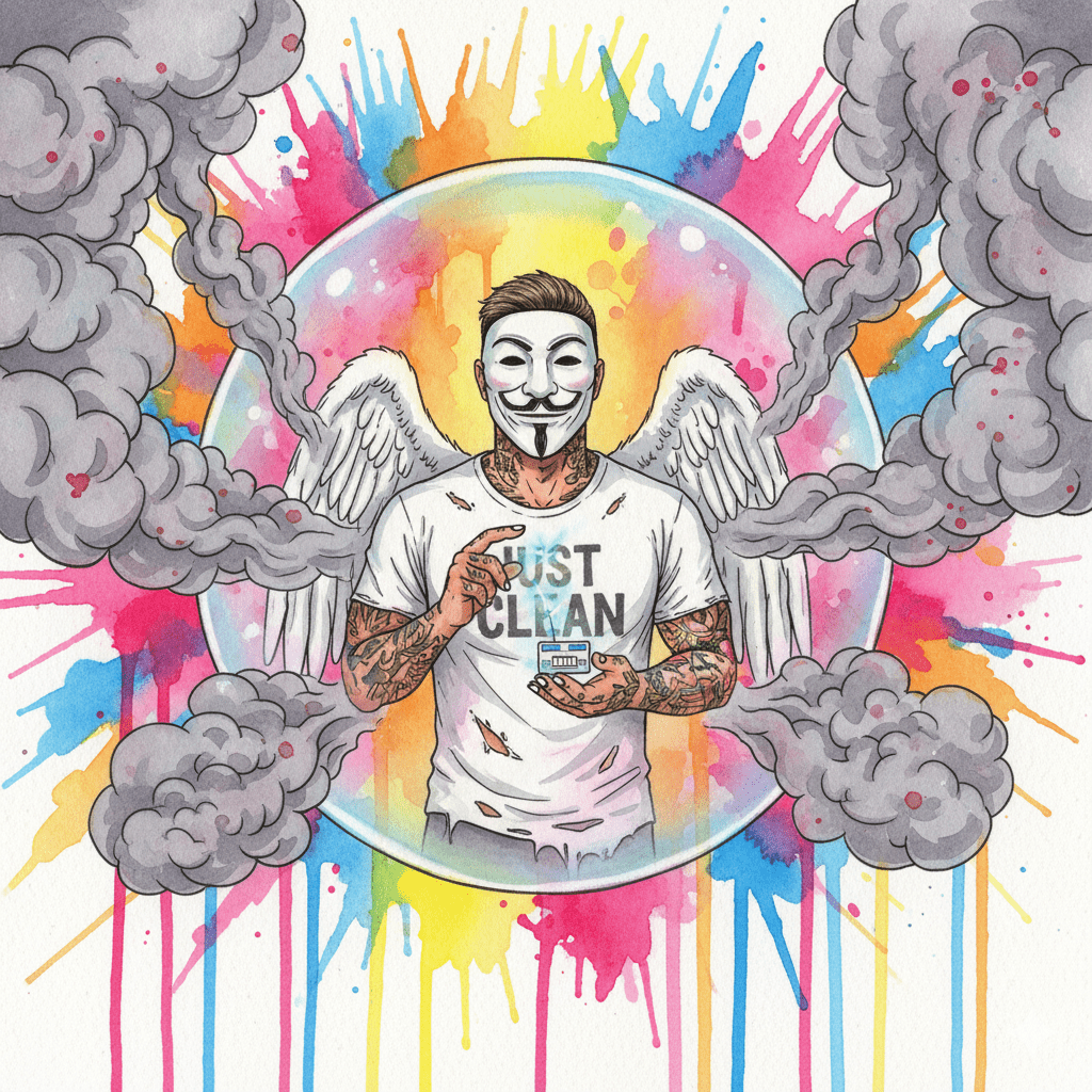 NeelixberliN-Figur hält ein Drug-Checking-Kit als Schutzschild gegen giftigen Rauch (Levamisol), symbolisiert die Notwendigkeit chemischer Analyse.