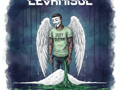 Titelbild zum Levamisol-Artikel. Die NeelixberliN-Figur steht auf gestrecktem Kokain, aus dem giftiges, grünes Levamisol quillt und Hautveränderungen (Vaskulitis) verursacht. Das Bild symbolisiert die Zerstörung des Immunsystems. Oben steht der Titel "LEVAMISOL".